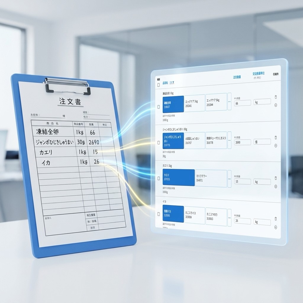 紙の注文書の明細がAIで読み取られ、画面上の商品データに変換されるイメージ