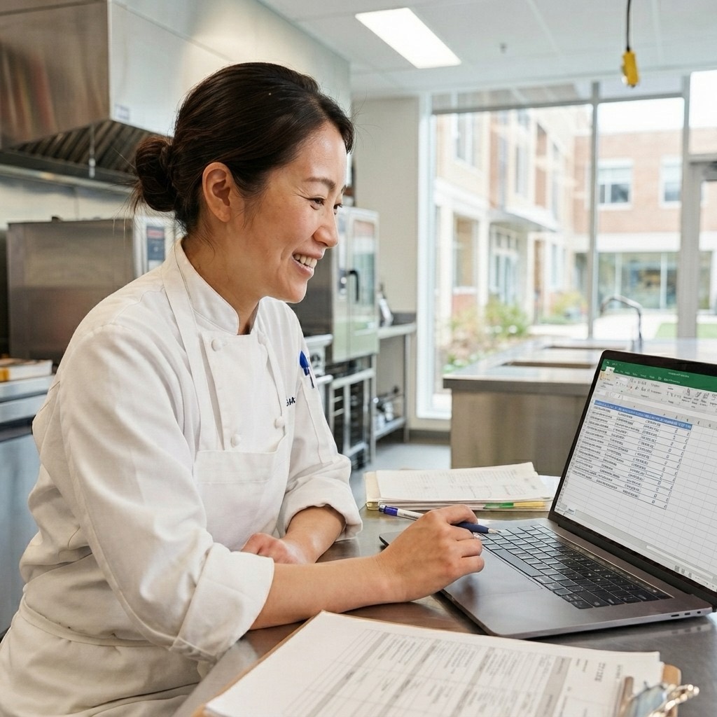 給食の調理場でノートPCの受発注リストを確認する調理スタッフ