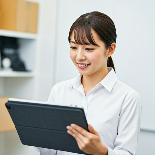 タブレットで受注内容を確認する女性スタッフ