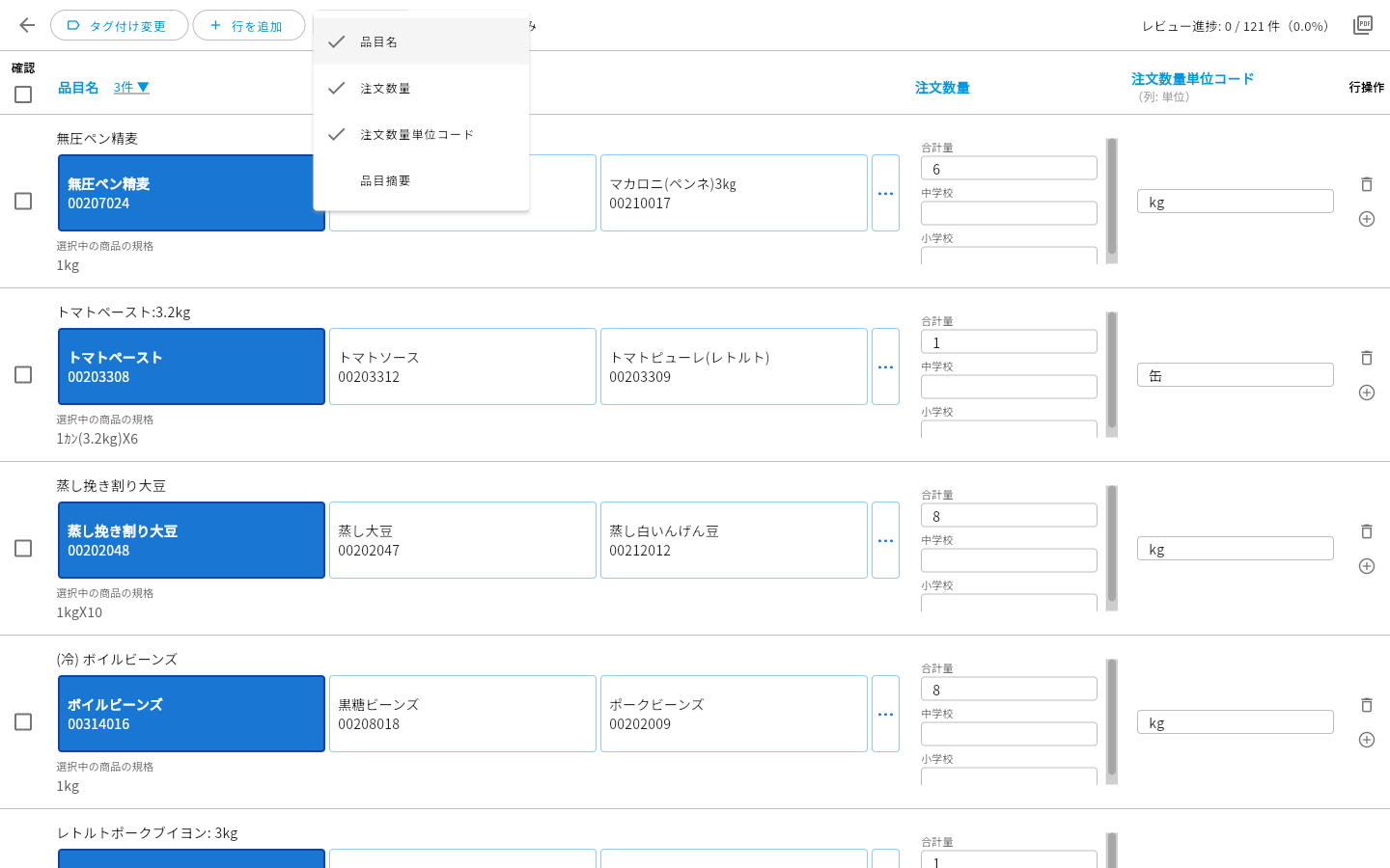 表示項目の切り替えメニュー